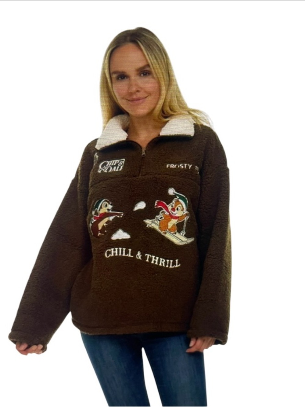 NWT DISNEY Chip & Dale Winter Sherpa Brown Quarter Zip Pullover Sweater
